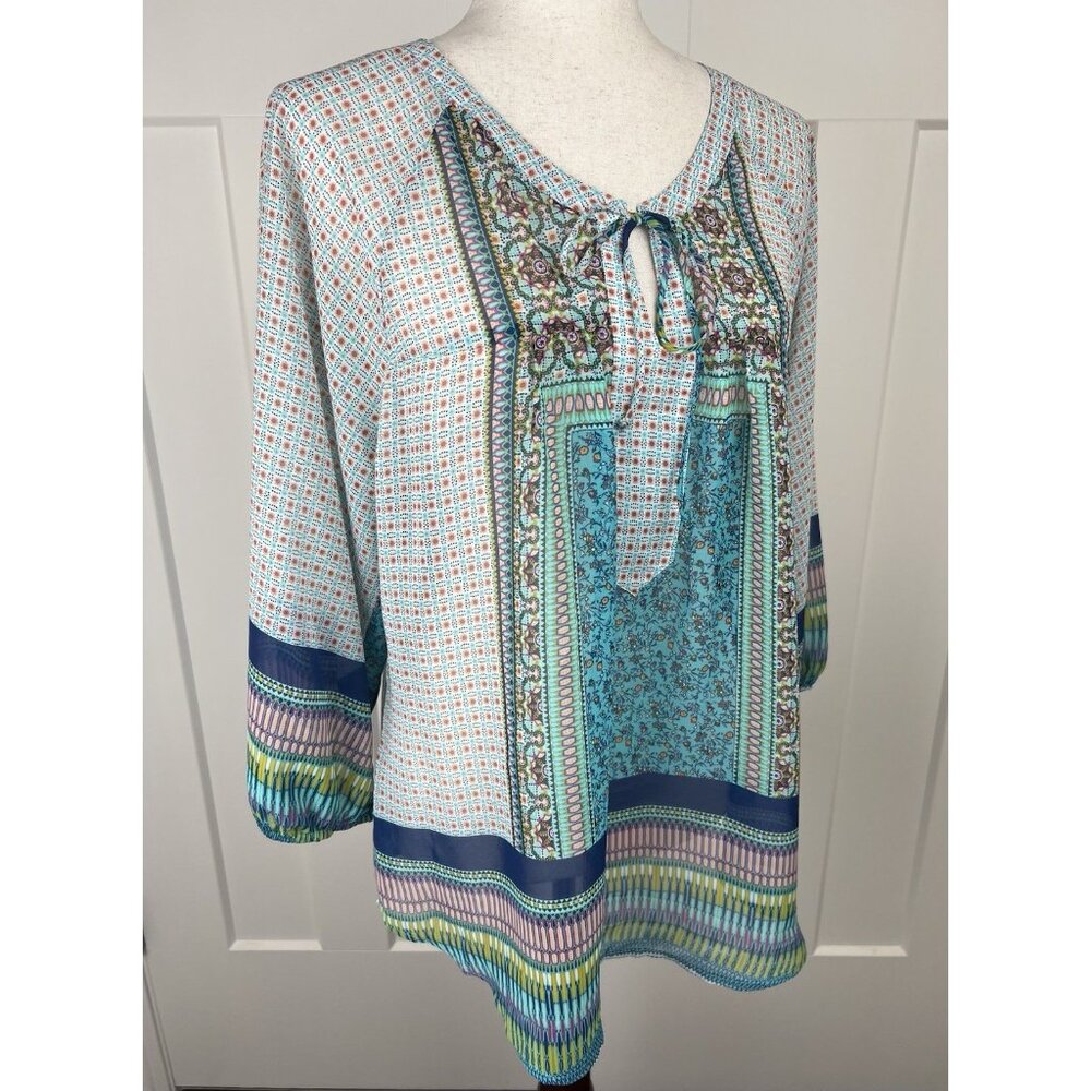 Fig & Flower Anthropologie Boho Blouse L Lace Back Keyhole Peasant Top Blue Teal